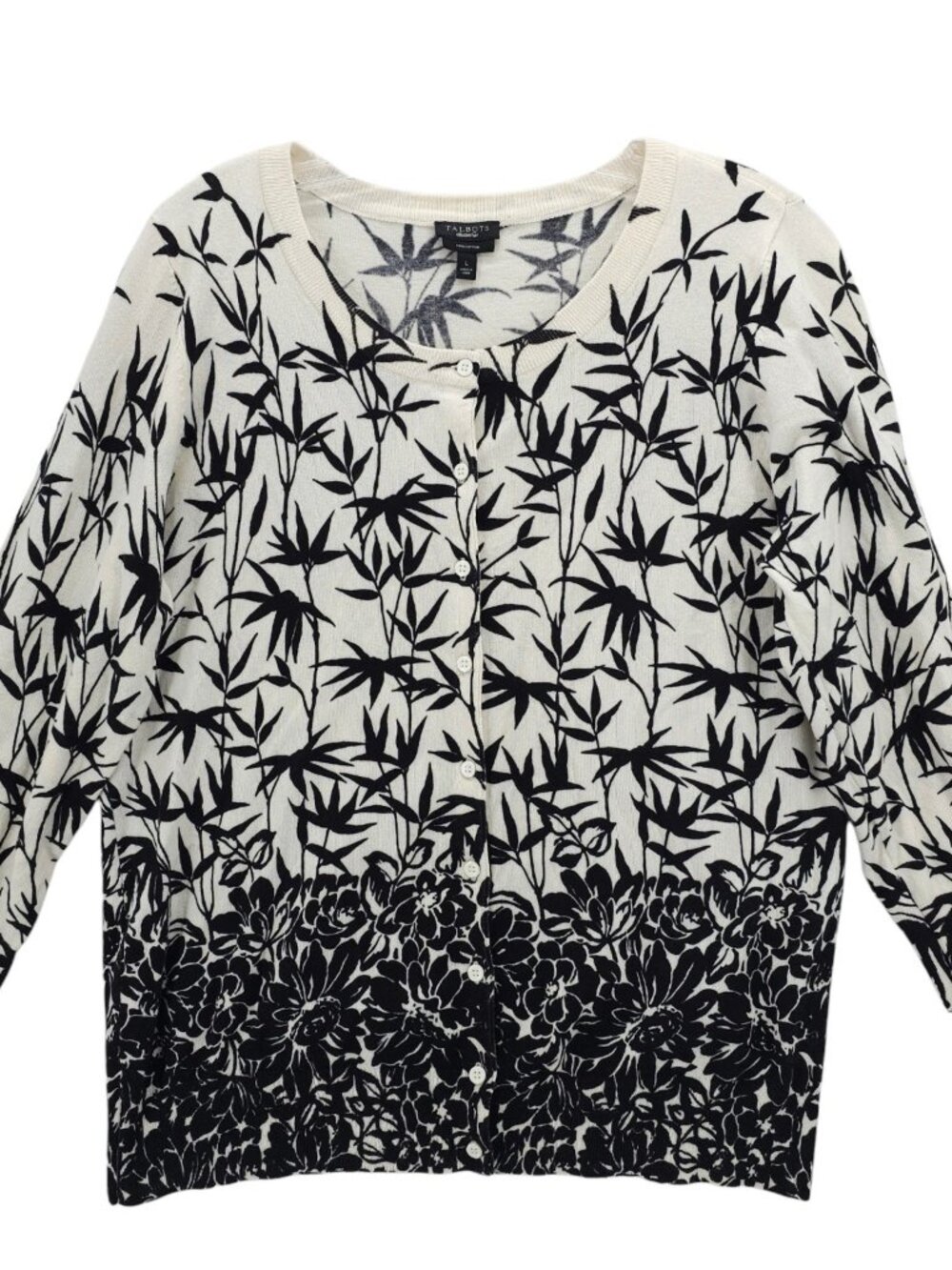 TALBOTS Cardigan Pima Cotton 3/4 Sleeve Stretch Floral Leaf Pattern Size LARGE